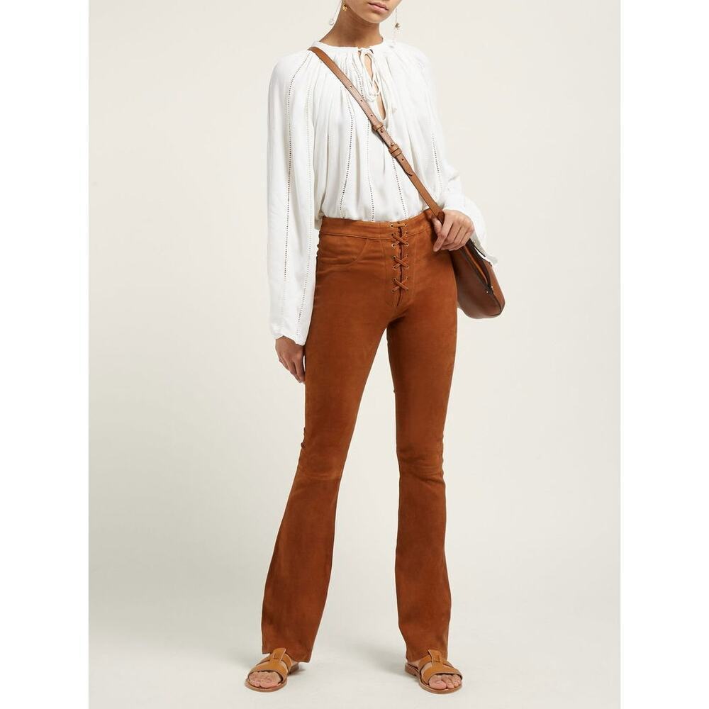 FRAME Women’s High-Rise Bootcut Suede Lace-Up Pants Terracotta Sz 27 Lamb Nubuck